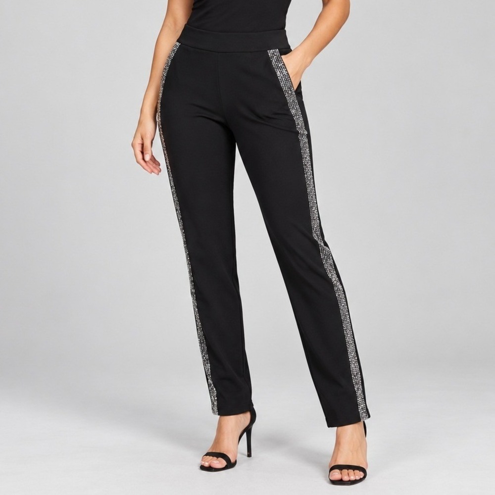 Joseph Ribkoff Rhinestone Tuxedo Stripe Pants Women 12 Black Slim Leg